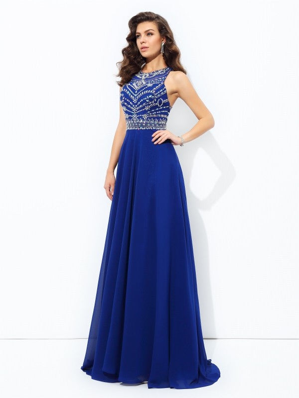 A-line/Princess Scoop Beading Sleeveless Long Chiffon Party Dresses Formal Dresses