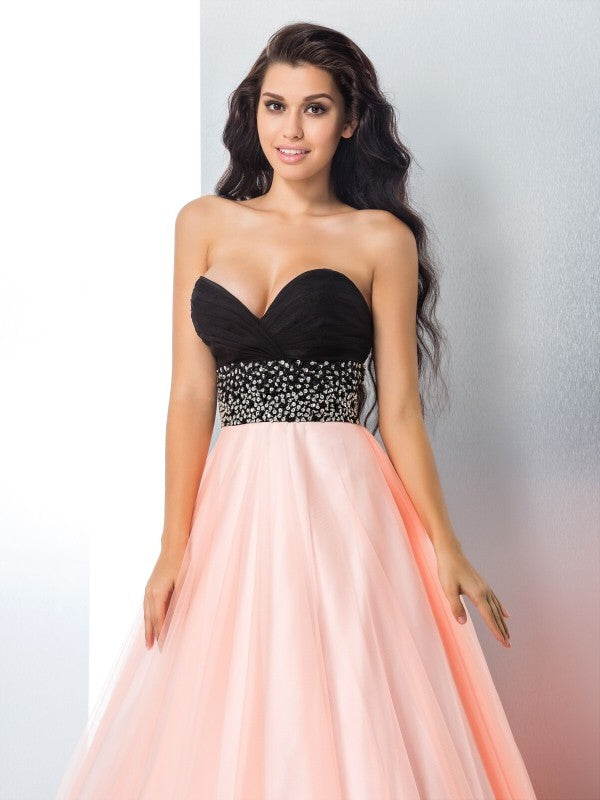 Ball Gown Sweetheart Beading Sleeveless Long Satin Quinceanera Dresses
