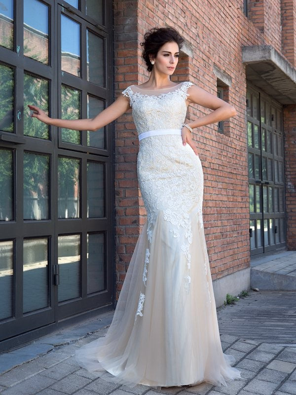 Trumpet/Mermaid Sheer Neck Applique Short Sleeves Long Net Party Dresses Formal Dresses