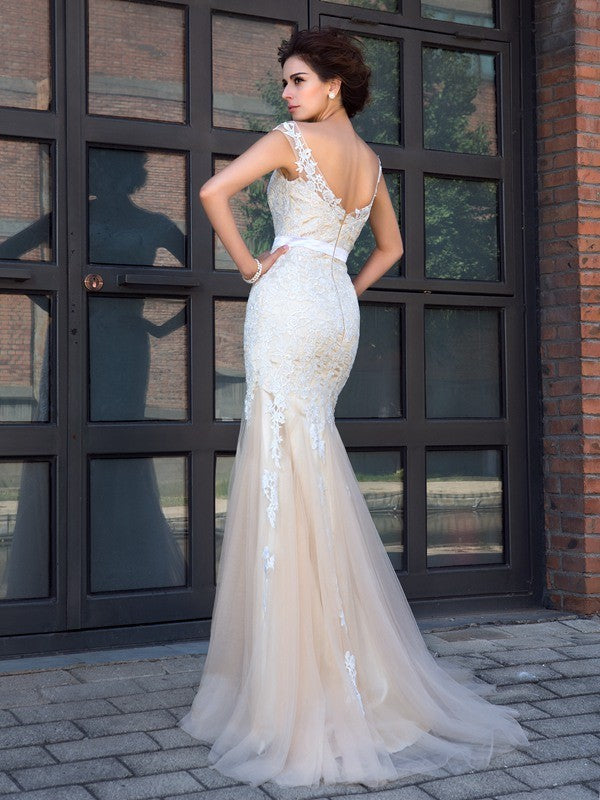 Trumpet/Mermaid Sheer Neck Applique Short Sleeves Long Net Party Dresses Formal Dresses