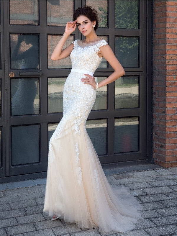 Trumpet/Mermaid Sheer Neck Applique Short Sleeves Long Net Party Dresses Formal Dresses