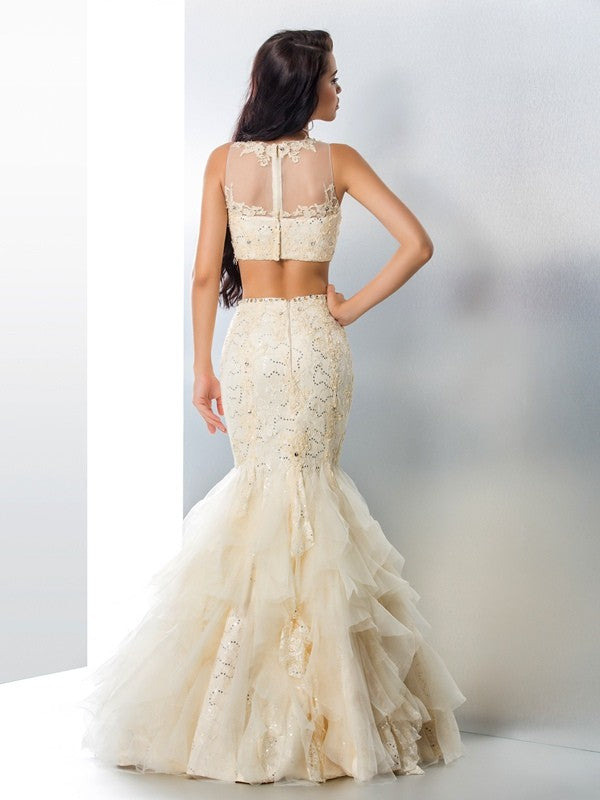 Trumpet/Mermaid Sheer Neck Beading Sleeveless Long Tulle Two Piece Dresses