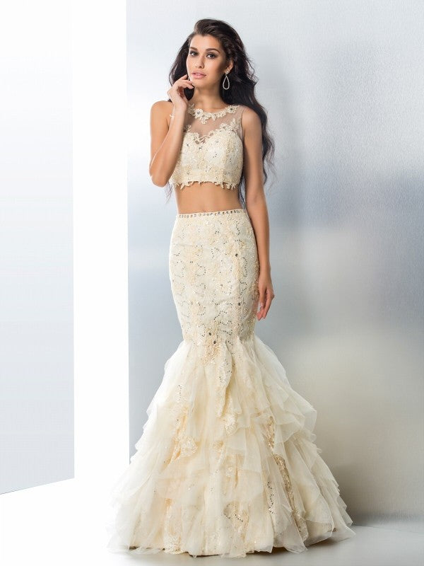 Trumpet/Mermaid Sheer Neck Beading Sleeveless Long Tulle Two Piece Dresses
