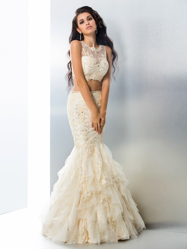 Trumpet/Mermaid Sheer Neck Beading Sleeveless Long Tulle Two Piece Dresses
