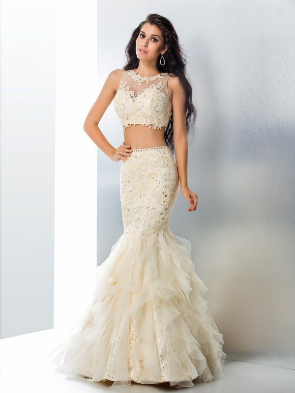Trumpet/Mermaid Sheer Neck Beading Sleeveless Long Tulle Two Piece Dresses