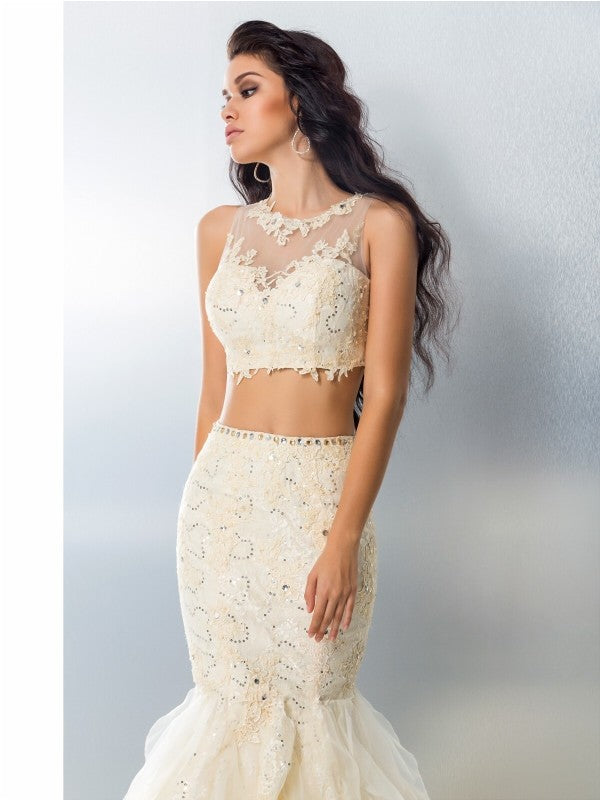 Trumpet/Mermaid Sheer Neck Beading Sleeveless Long Tulle Two Piece Dresses