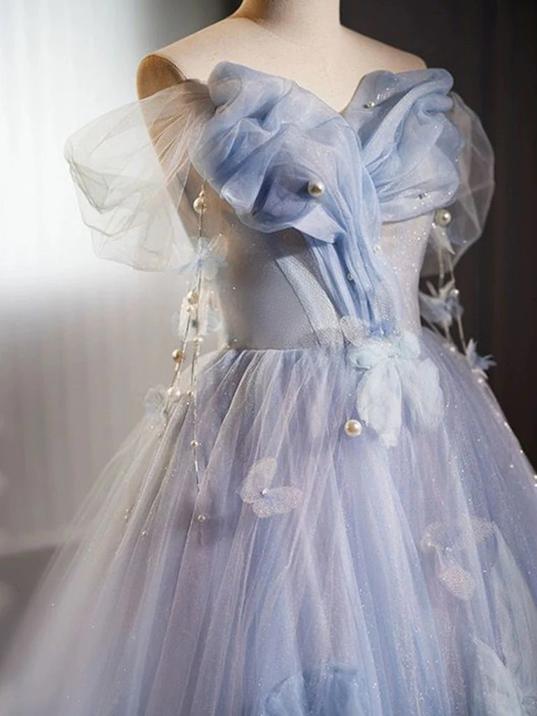 A-Line Off The Shoulder Tulle Flower Blue Long Prom Dress Blue Long Sweet 16 Dress