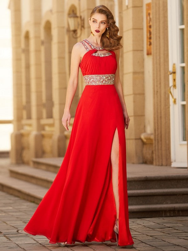 A-line/Princess Scoop Beading Sleeveless Floor-length Chiffon Party Dresses Formal Dresses