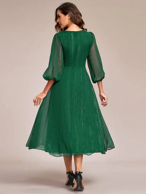 See-Through Long Sleeve Twist Knot A-Line Lotus Leaf Shimmering Evening Dress/Prom Dresses Party Dresses