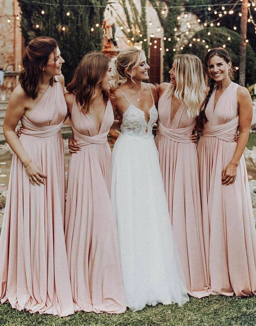 A Line Floor Length Convertible Blush Long Bridesmaid Dress Charming Evening Party Dress