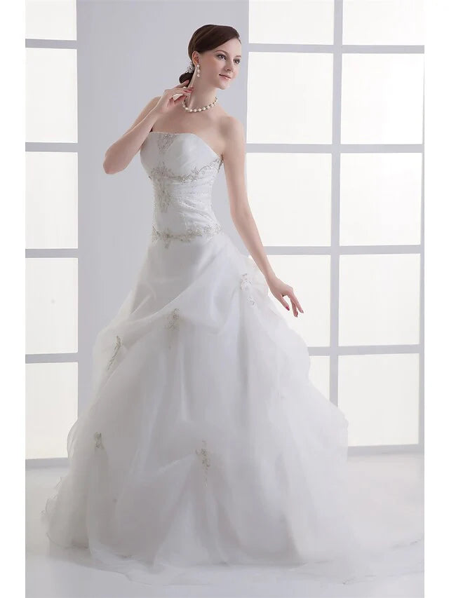 A-Line Wedding Dresses Strapless Court Train Organza Satin Strapless with Pick Up Skirt Ruched Beading Embroidery