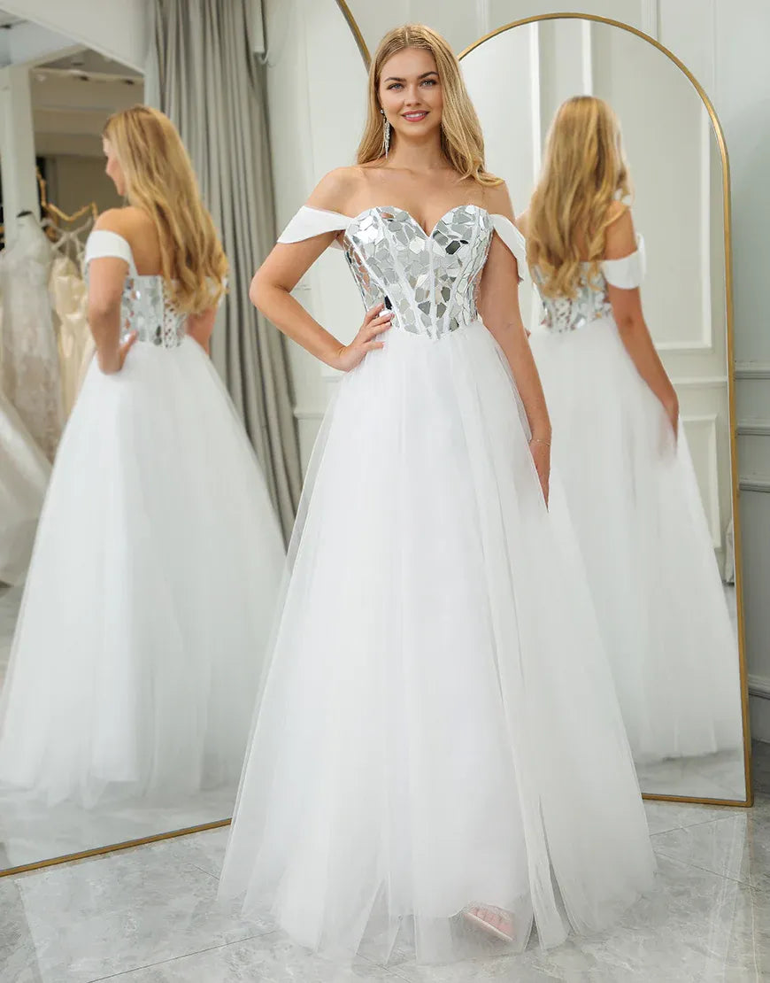 A Line Off the Shoulder Tulle Long Mirror Prom Dress