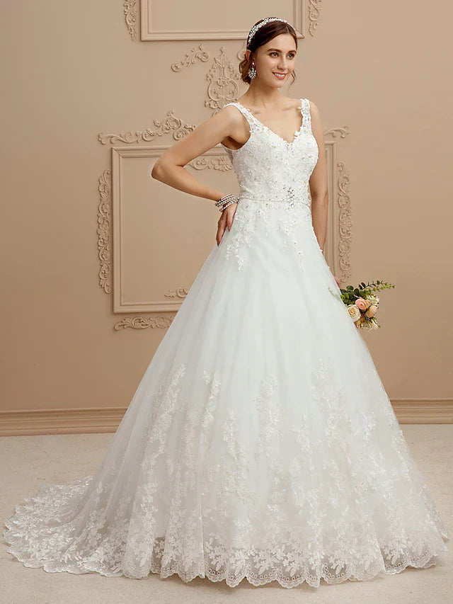Ball Gown Wedding Dresses V Neck Court Train Tulle Beaded Lace Lace Over Tulle Spaghetti Strap Glamorous Illusion Detail Backless with Beading Appliques