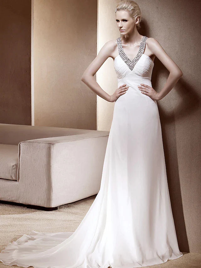 Princess A-Line Wedding Dresses V Neck Court Train Chiffon Sleeveless Sparkle & Shine with Sequin