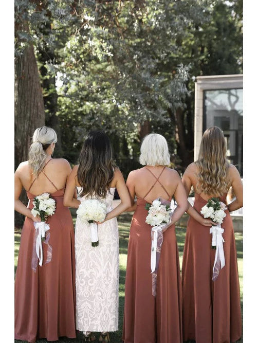 Spaghetti Straps Satin Floor Length Bridesmaid Dress With Slit
