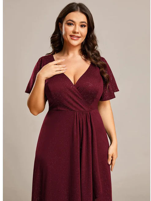 Plus Size Glitter Ruffled High-Low Front Slit Evening Dress/Prom Dresses Party Dresses Wedding Guest Dresses