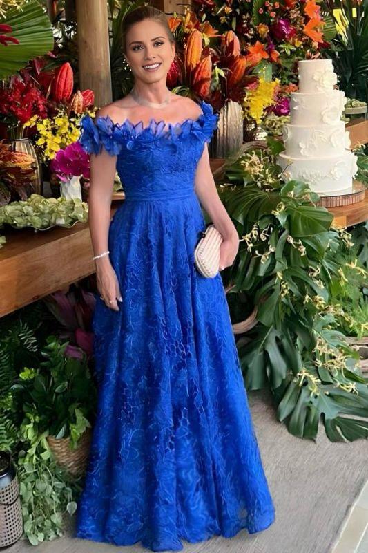 Sheath Off-the-Shoulder Floor Length wedding Guest  Royal Blue Evening Dress Long Mother of The Bride Dress With Floral Lace