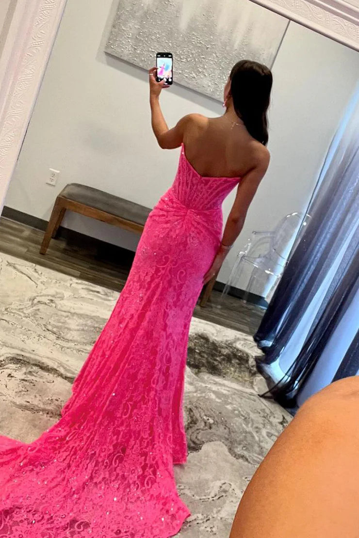 Mermaid Strapless Scoop Neck Lace Sequins Long Prom Dress with Slit