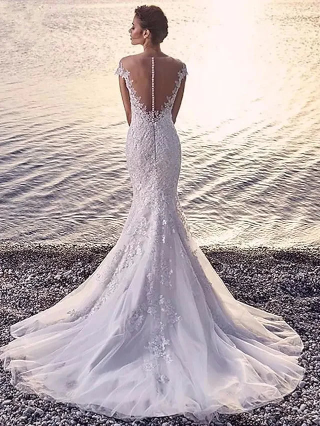 Wedding Dresses Scoop Neck Court Train Organza Sleeveless Sexy Wedding Dress with Appliques