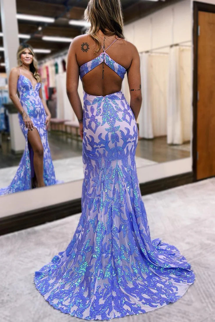Sheath/Mermaid Spaghetti Straps V Neck Sequins Long Prom Dresses