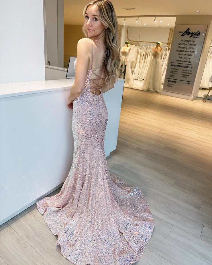 Sequins/Mermaid V Neck Spaghetti Straps Blush Pink Sequins Long Prom Dresses