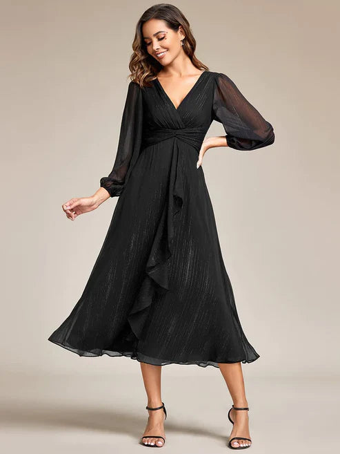See-Through Long Sleeve Twist Knot A-Line Lotus Leaf Shimmering Evening Dress/Prom Dresses Party Dresses