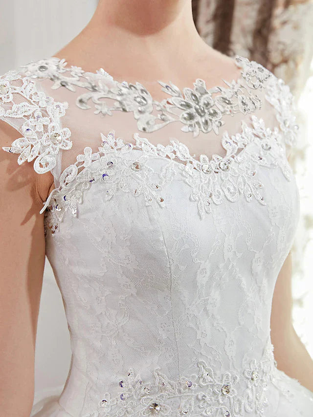 Ball Gown Wedding Dresses Jewel Neck Floor Length Lace Over Tulle Cap Sleeve Romantic Illusion Detail with Beading Appliques