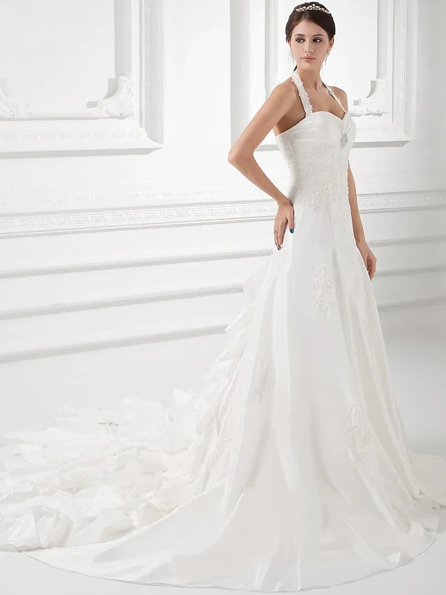 A-Line Wedding Dresses Halter Neck Court Train Taffeta Spaghetti Strap Simple Vintage Plus Size with Ruched Beading Appliques