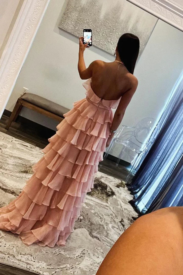 A-Line Halter Ruffle Tiered Chiffon Long Prom Dress
