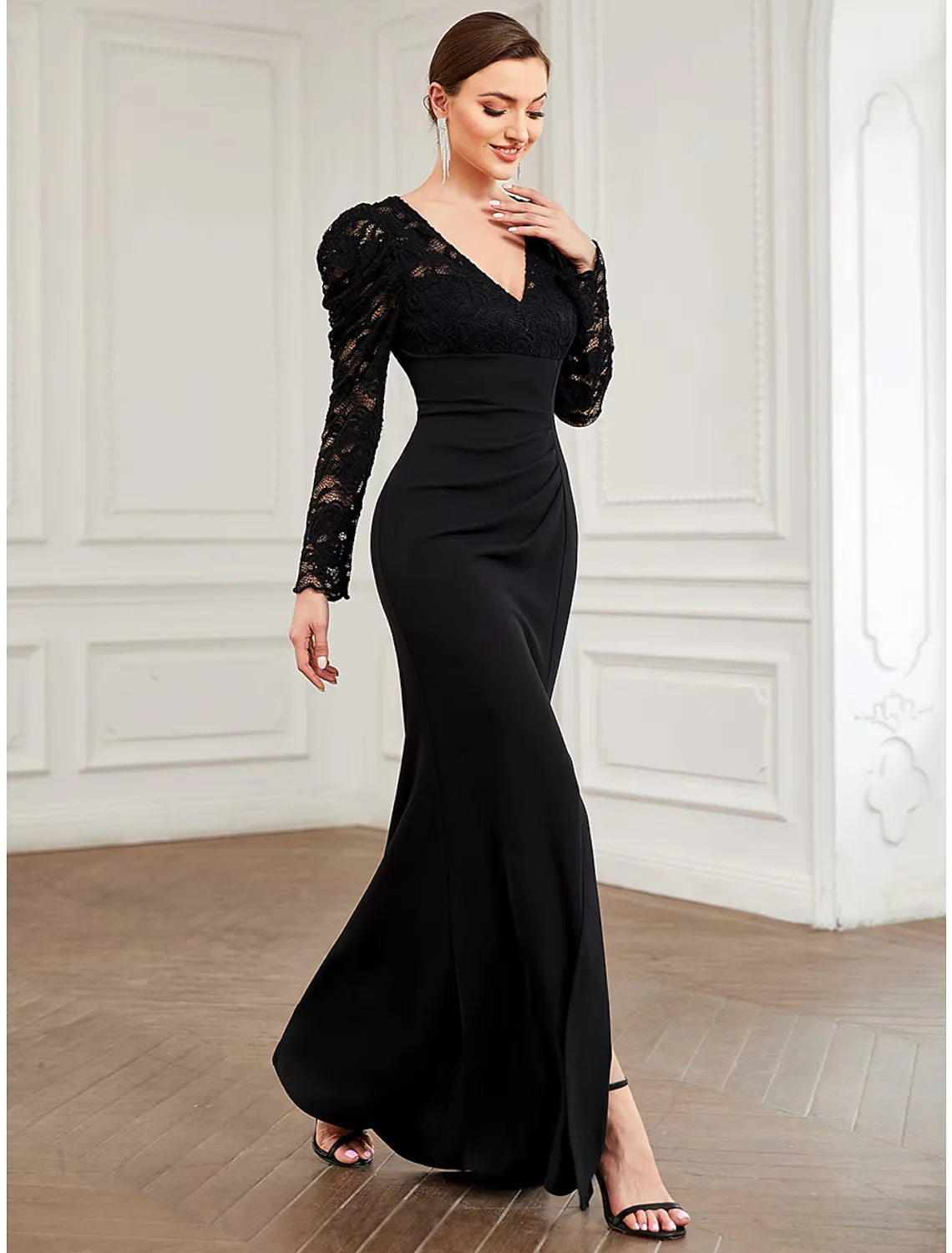 A-Line Evening Gown Vintage Dress Formal Floor Length Long Sleeve V Neck Lace with Pure Color