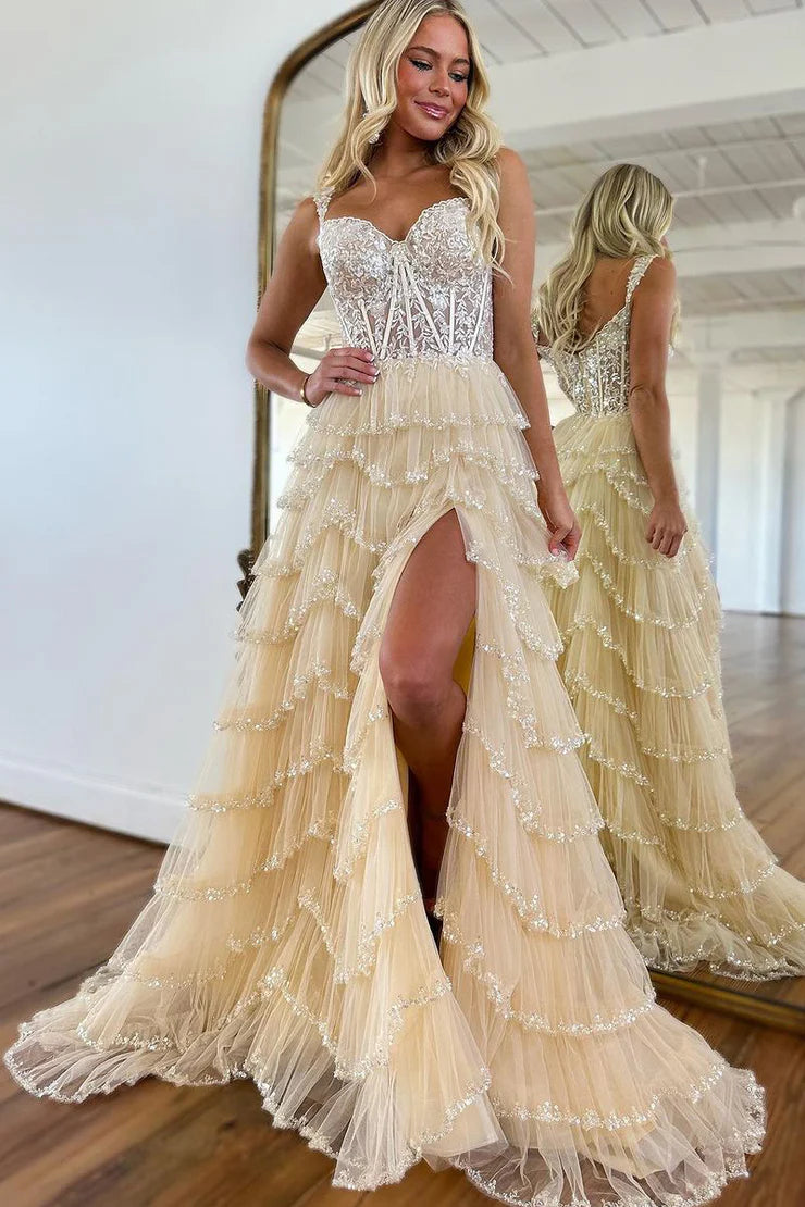 A Line Lace Sweetheart Tulle Cupcake Tiered Prom Dress with Beading