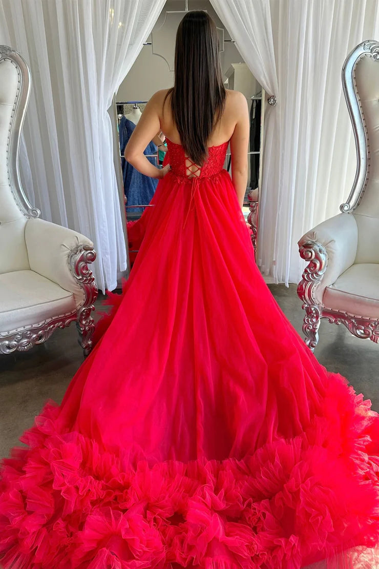 Red Tulle Strpless Ball Gown Gown Prom Dresses with Appliques