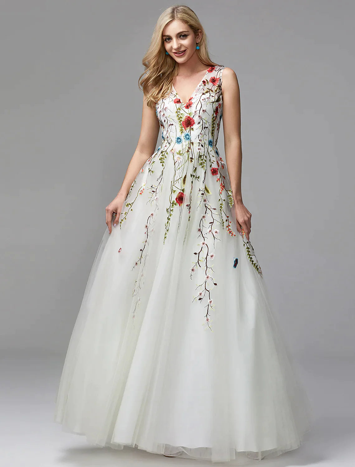 A-Line Dresses White Dress Homecoming Floor Length Sleeveless V Neck Lace with Embroidery Appliques