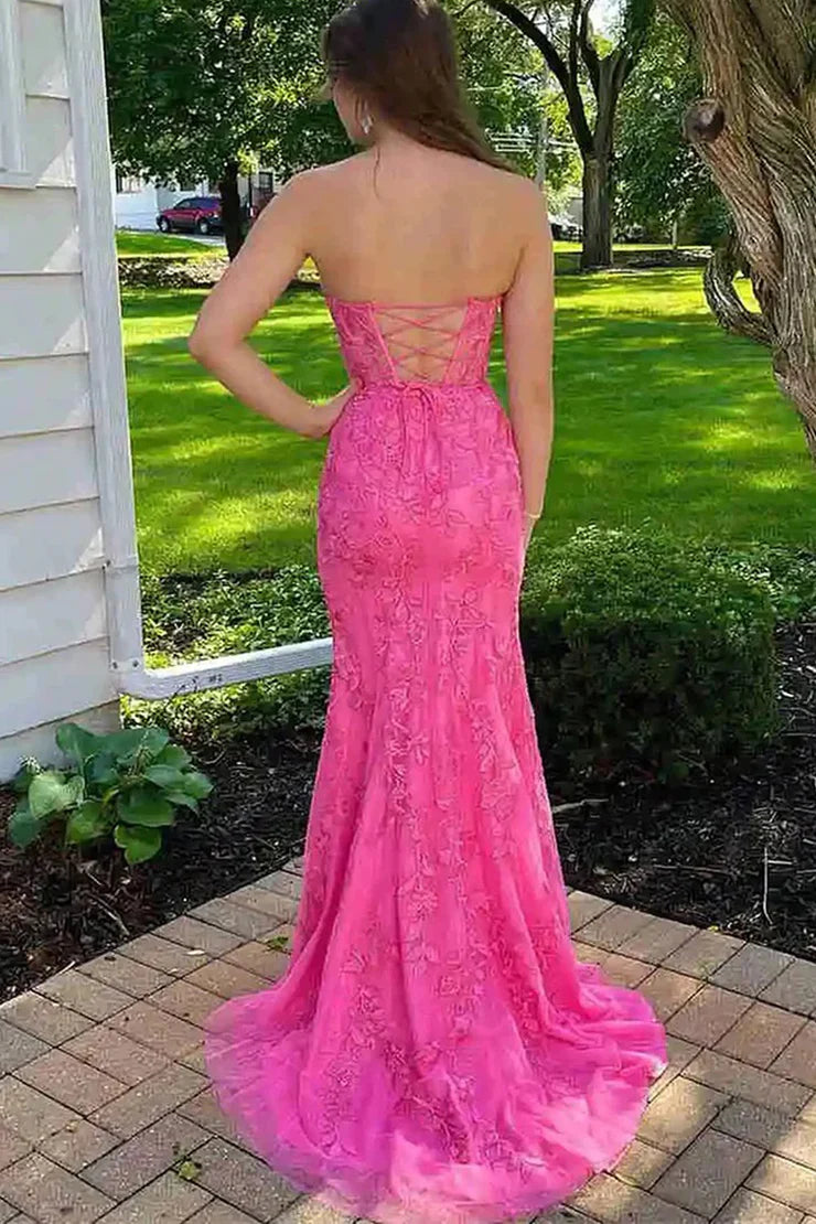 Sheath/Mermaid Sweetheart Strapless Blue Lace Prom Dresses with Appliques