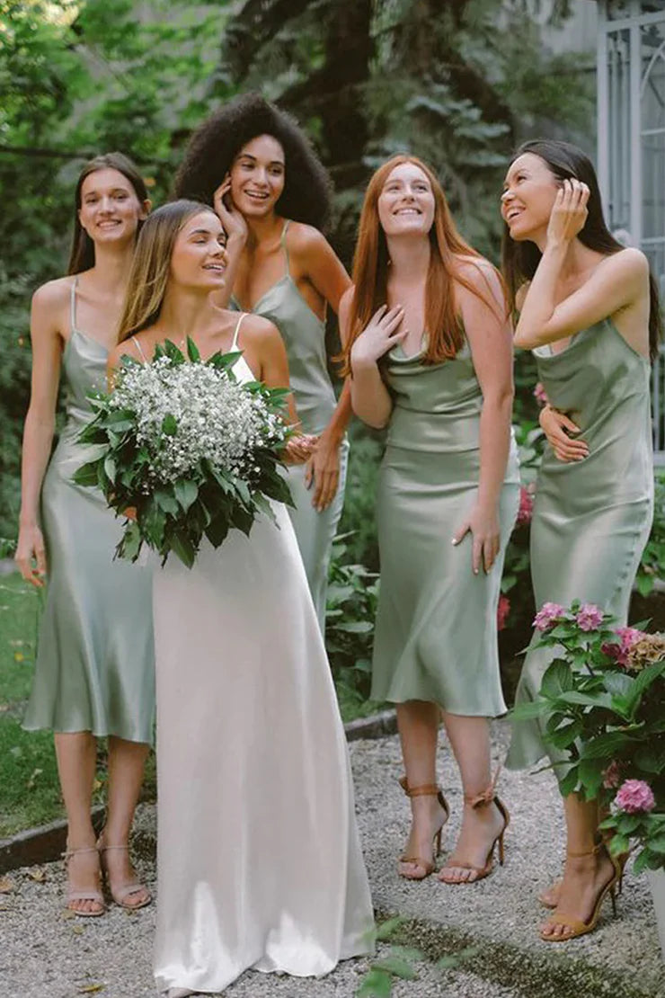 Sheath Spaghetti Straps Cowl Neck Silk Satin Tea Length Bridesmaid Dresses Simple Party Dress