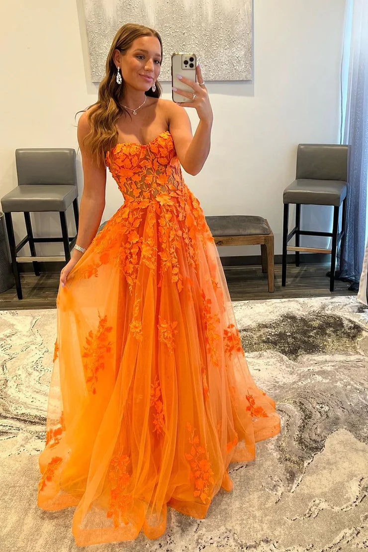 A Line Strapless Ball Sweetheart Orange 3D Appiques Prom Dresses