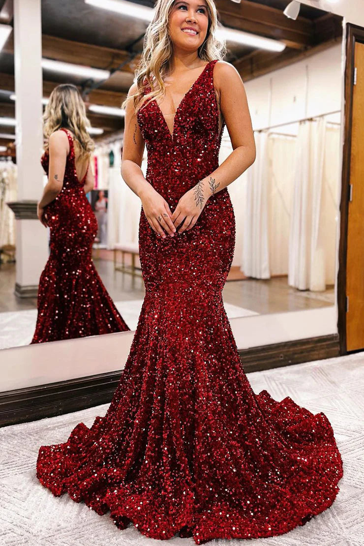 Mermaid Deep Low V Neck Sequins Evening Dresses