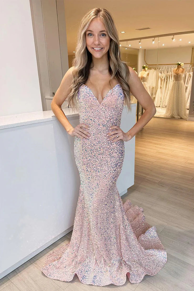 Sequins/Mermaid V Neck Spaghetti Straps Blush Pink Sequins Long Prom Dresses