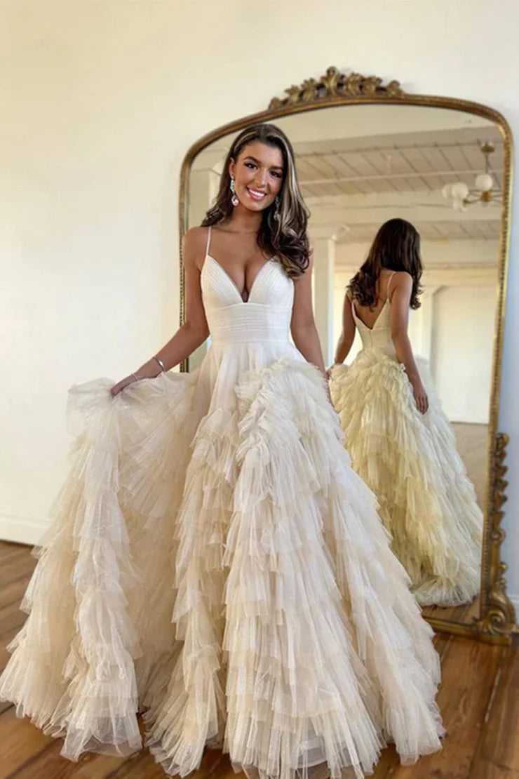 Ball Gown Spaghetti Straps V Neck Champagne Tulle Long Prom Dresses