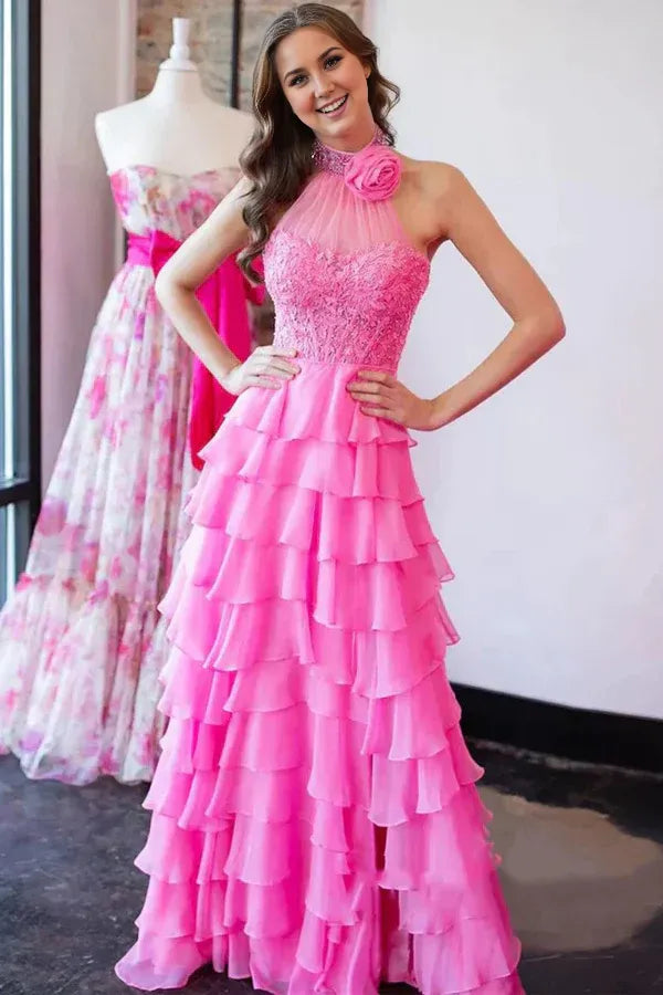 Prom Dresses A-Line/Princess Halter Neck Sleeveless Beaded Lace Long Chiffon Tiered Party Dresses Formal Dresses