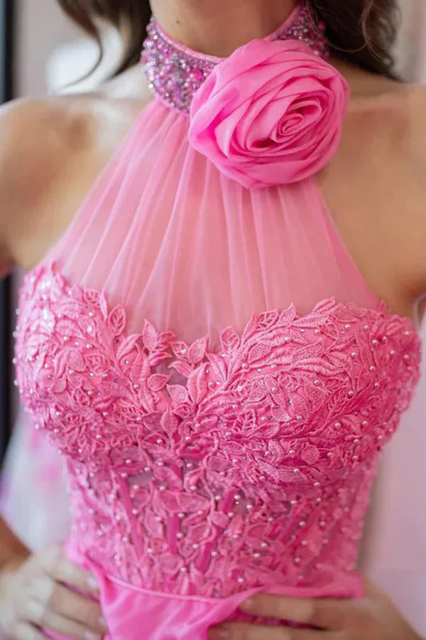 Prom Dresses A-Line/Princess Halter Neck Sleeveless Beaded Lace Long Chiffon Tiered Party Dresses Formal Dresses