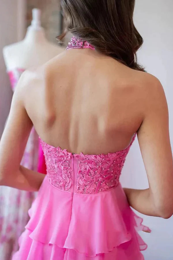 Prom Dresses A-Line/Princess Halter Neck Sleeveless Beaded Lace Long Chiffon Tiered Party Dresses Formal Dresses
