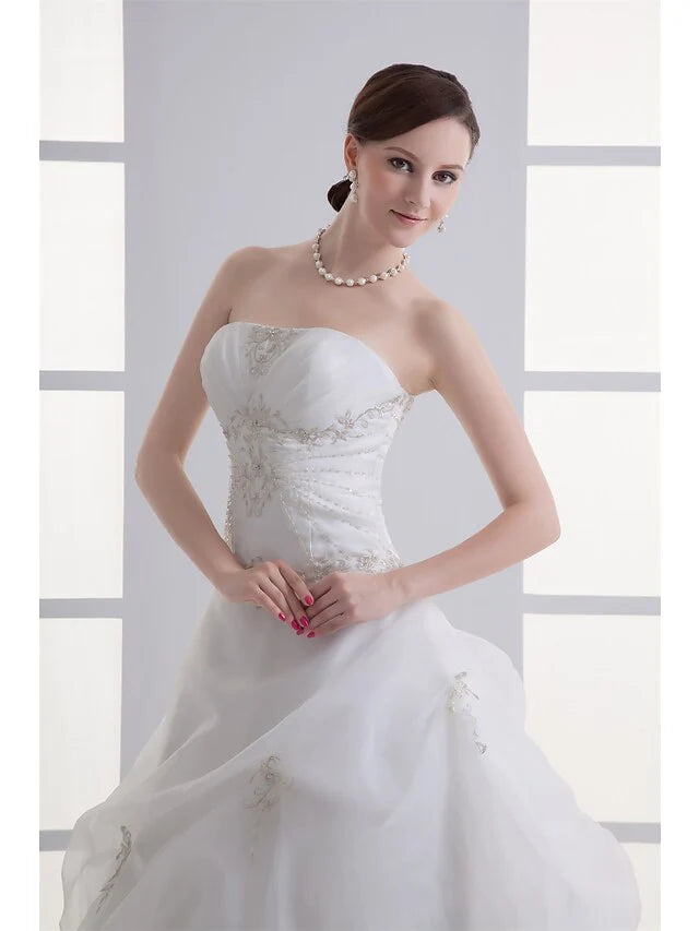 A-Line Wedding Dresses Strapless Court Train Organza Satin Strapless with Pick Up Skirt Ruched Beading Embroidery