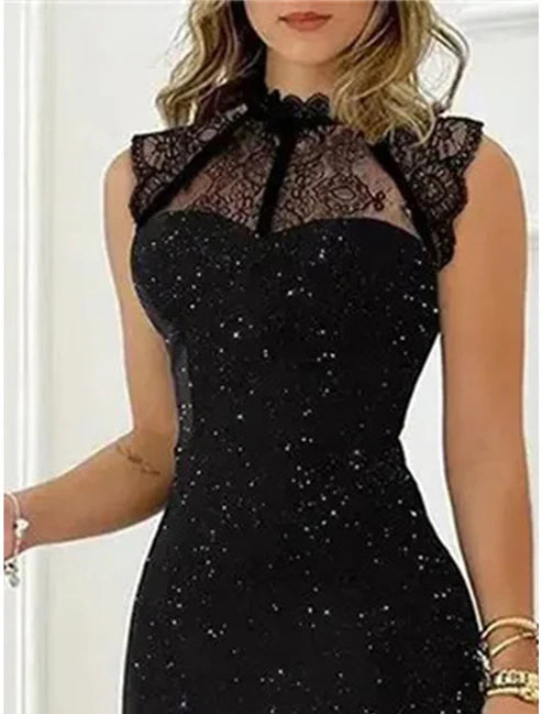Women's Black Sequin Dress Party Dress Little Black Dress Lace Dress Sparkly Dress Sexy Dress Homecoming Dress Mini Sleeveless Fall Crew Neck Fashion