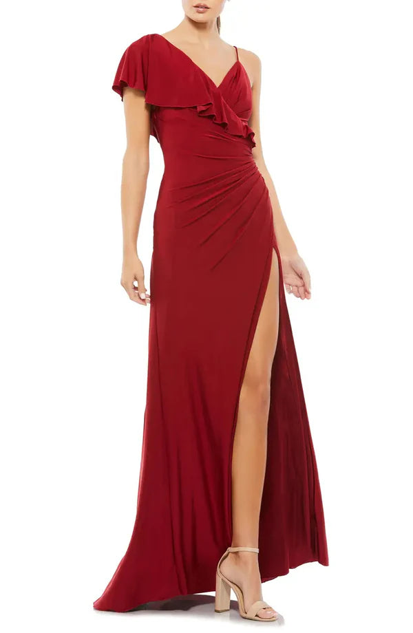 Elegant backless asymmetrical ruffled edge off shoulder one shoulder front slit prom dress Party Dress
