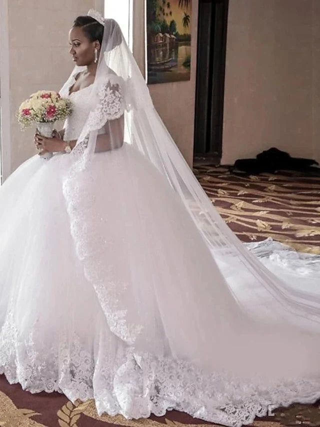 Ball Gown Wedding Dresses V Neck Cathedral Train Lace Tulle Lace Over Satin Beautiful Back Plus Size Wedding Dress with Appliques