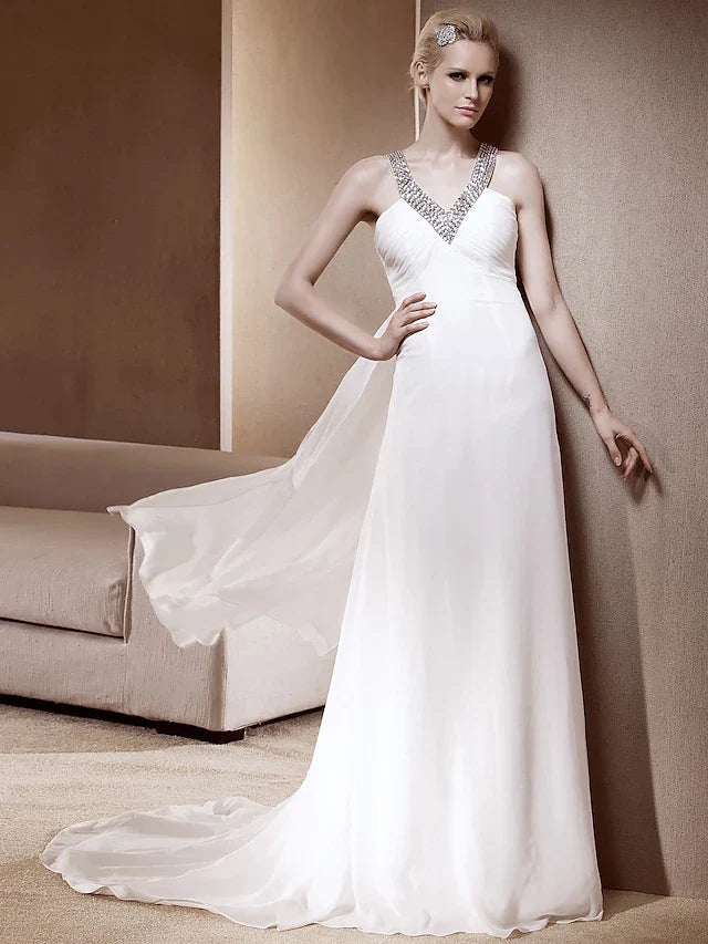 Princess A-Line Wedding Dresses V Neck Court Train Chiffon Sleeveless Sparkle & Shine with Sequin