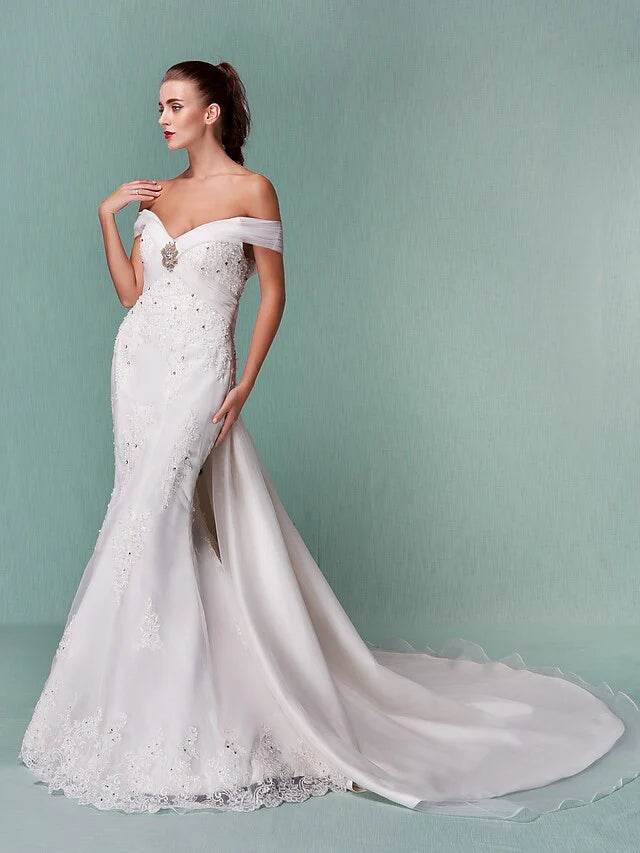 Wedding Dresses Off Shoulder Chapel Train Organza Short Sleeve with Beading Appliques Crystal Floral Pin