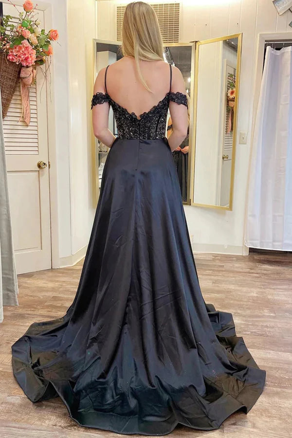 Sheath Mermaid Spaghetti Straps Cold-Shoulder Beaded Long Prom Dress Evening Party Dress With Pockets
