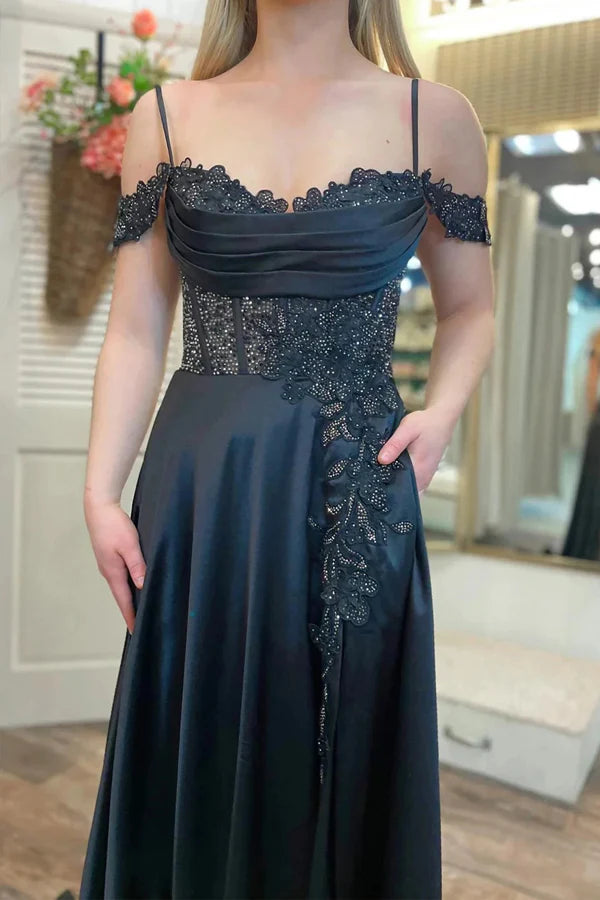 Sheath Mermaid Spaghetti Straps Cold-Shoulder Beaded Long Prom Dress Evening Party Dress With Pockets